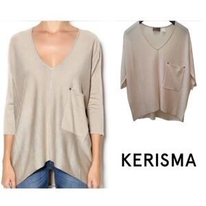 Kerisma Raven Oversized V-Neck Top Beige S/M – Cozy Center-Seam Knit with Pocket